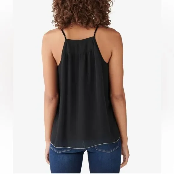 Lucky brand black silver flowy sheer smocked camisole w/gold trim hem sz M - Picture 5 of 16